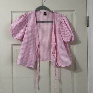 SHEIN Pink Gingham Puff-Sleeve Tie-Front Top